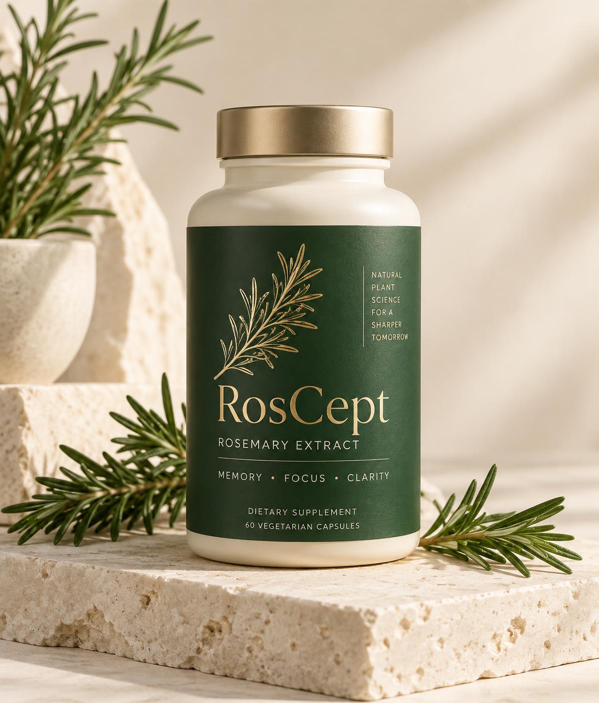 RosCept brain health supplement bottle with rosemary